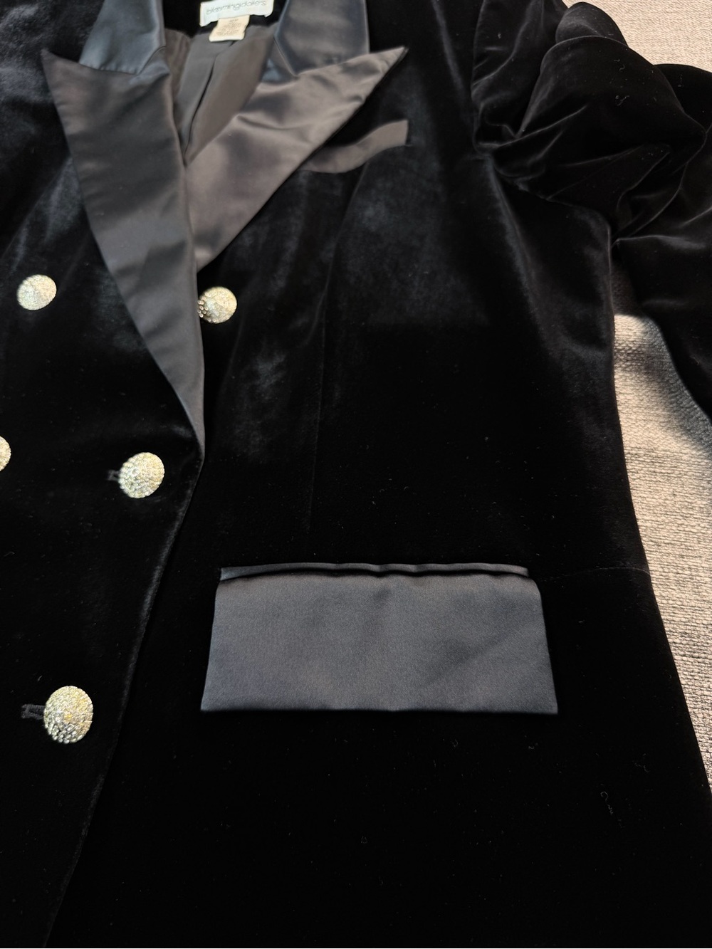 Bloomingdale's Black Velvet Double-Breasted Blazer with Satin Trim - Picture 10 of 12